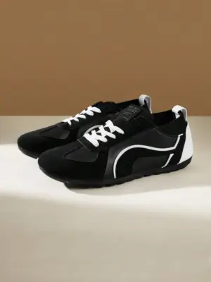 Men’s Black Retro Colorblock Suedette Flat Casual Shoes
