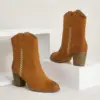 Women’s Brown Pointed-Toe Chunky Heel Western Ankle Boots